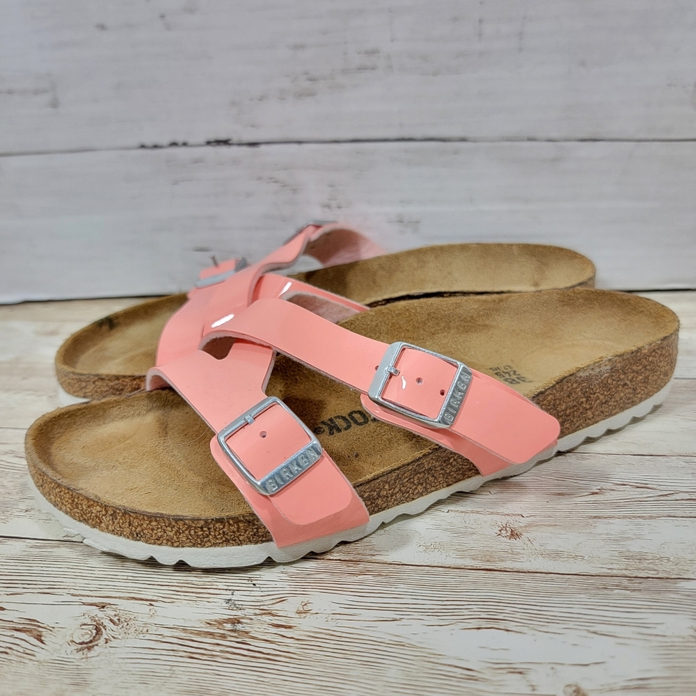 Birkenstock Birko-Flor Yao Balance Patent Coral Peach Sandals EUR 38 US 7